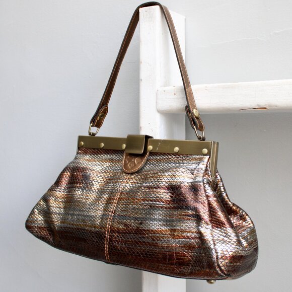 Patricia Nash Metallic Gold Brass Silver Snakeskin Leather Purse Shoulder Bag - Picture 2 of 8